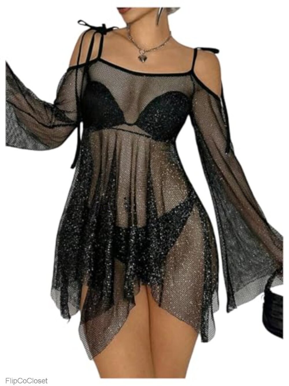 Sheer Mesh Sparkly Asymmetrical Cold Shoulder Long Bell Sleeve Mini Dress